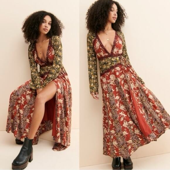 Free People Tilda Maxi Wrap Dress Neutral Combo Large Western Bohemian NWT - Picture 3 of 15